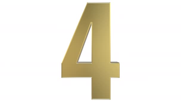 「4」数字に反射黄金金属素材で作られた「3」の数字の変換を示す 3 d のレンダリングは、シームレスな無限ループできるように、逆変換が続きます。アルファ マットに続いて、白い背景の上. - 映像、動画