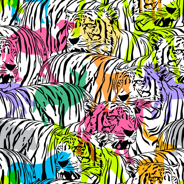 Tigris színes sziluettje élővilágra állatokkal, varrat nélküli mintát. Vadon élő állatok design divatos szövet szerkezete, illusztráció. - Vektor, kép