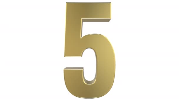 「5」数字に反射黄金金属素材で作られた「4」の数字の変換を示す 3 d のレンダリングは、シームレスな無限ループできるように、逆変換が続きます。アルファ マットに続いて、白い背景の上. - 映像、動画