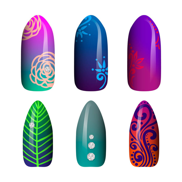 set of colored painted neon nail stickers. manicure art. nail polish. isolated on a white background - Вектор, зображення