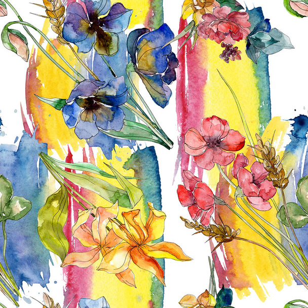 Luxe mode wordt afgedrukt met wilde bloemen botanische bloemen. Aquarel illustratie set. Naadloze achtergrondpatroon. - Foto, afbeelding