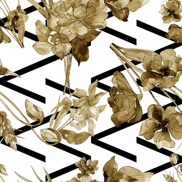 Luxusní módní tiskne s květy botanické květin. Sada akvarel ilustrace. Vzor bezešvé pozadí. - Fotografie, Obrázek