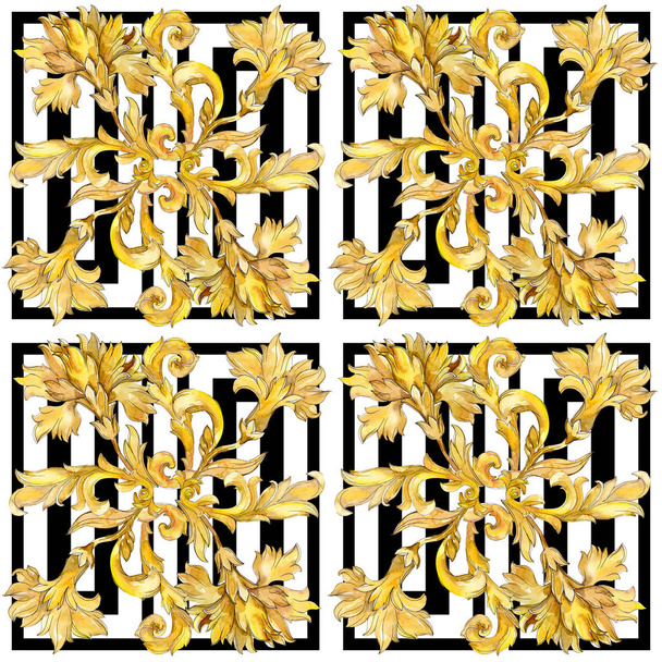 Adorno floral monograma dorado. Conjunto de ilustración de fondo acuarela. Patrón de fondo sin costuras
. - Foto, imagen