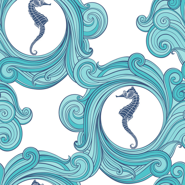 Marine monochrome background with seahorses and waves.Vector. - Vector, afbeelding