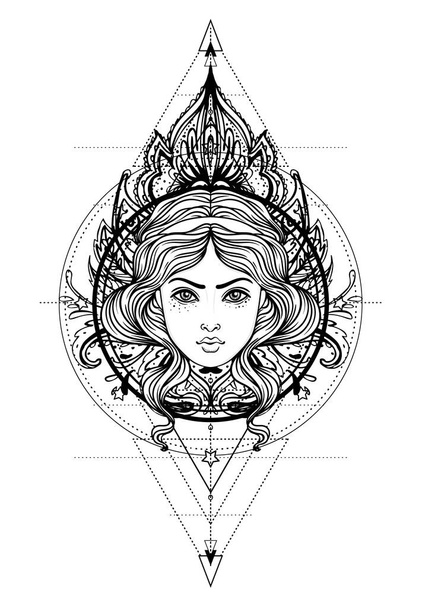 Divine goddess. Black and white girl over sacred geometry sign, isolated vector illustration. Tattoo sketch. Mystical symbol. Alchemy, occultism, spirituality, coloring book. Hand-drawn vintage. - Vecteur, image