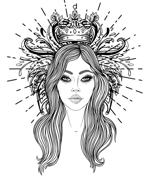 Divine goddess. Black and white girl over sacred geometry sign, isolated vector illustration. Tattoo sketch. Mystical symbol. Alchemy, occultism, spirituality, coloring book. Hand-drawn vintage. - Vektör, Görsel