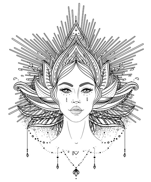 Tribal Fusion Boho Diva. Beautiful Asian divine girl with ornate crown, kokoshnik inspired. Bohemian goddess. Hand drawn elegant illustration. Lotus flower, ethnic art, patterned Indian paisley. - Vektör, Görsel