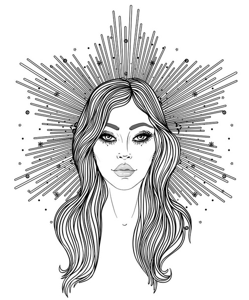 Madonna, Lady of Sorrow. Devotion to the Immaculate Heart of Blessed Virgin Mary, Queen of Heaven. Vector illustration isolated on white. Coloring book for adults. Tattoo design. - Vecteur, image