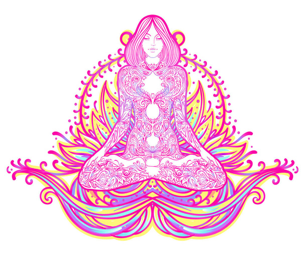 Chakra concept. Inner love, light and peace. Buddha silhouette in lotus position over colorful ornate mandala. Vector illustration isolated. Buddhism esoteric motifs. Tattoo, spiritual yoga. - Vector - Wektor, obraz