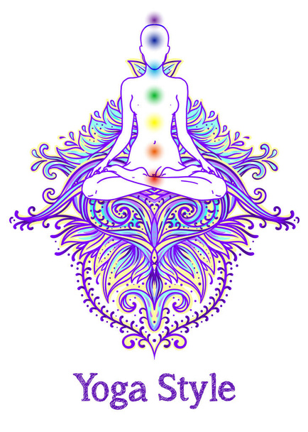 Chakra concept. Inner love, light and peace. Buddha silhouette in lotus position over colorful ornate mandala. Vector illustration isolated. Buddhism esoteric motifs. Tattoo, spiritual yoga. - Vector - Vector, Image