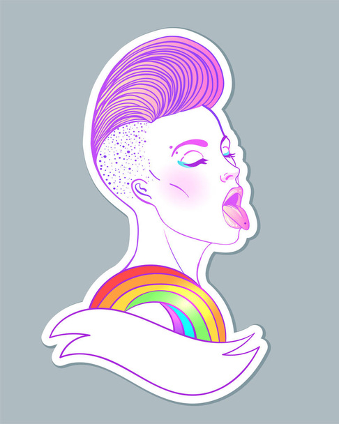 Portrait of a young pretty caucasian woman with short side shaved haircut showing rainbow tongue. LGBT concept. Vector illustration isolated on white. Hand drawn art of a lesbian girl. - Вектор, зображення