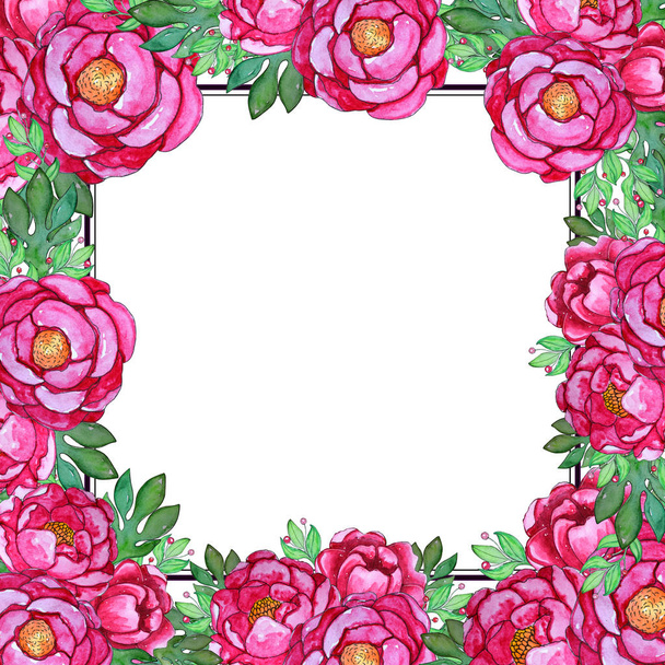 Watercolor pink peony flowers template.  - Zdjęcie, obraz