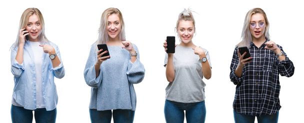 Collage de belle jeune femme blonde à l'aide d'un smartphone sur fond isolé avec visage surprise pointant du doigt vers lui-même
 - Photo, image