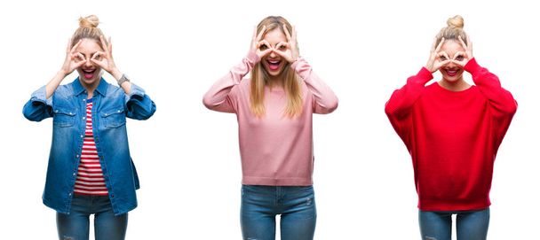 Collage of young beautiful blonde woman over isolated background doing ok gesture like binoculars sticking tongue out, eyes looking through fingers. Crazy expression. - Photo, Image