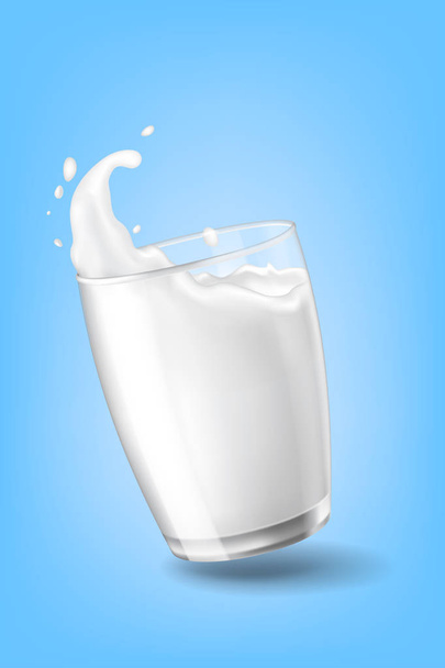 stroom koe melk kroon plons close-up kopje glas blauw achtergrond vector - Vector, afbeelding