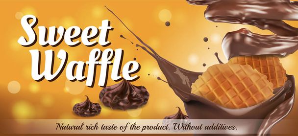 Waffle with sprinkles of chocolate sauce on an orange background. Label design. Vector realistic illustration. - Vector, Image