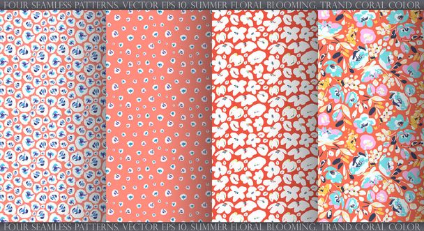 Set with four vector seamless patterns, abstract white flowers on trand coral background. Use in textiles, interior, wrapping paper and other design. - Vector, Image