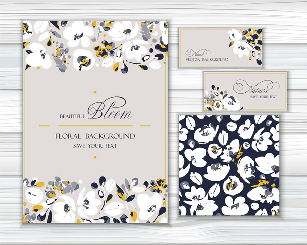 Set of vector backgrounds for greetings or invitations with lovely abstract white flowers, shapes and spots in light beige, golden colors. Greeting templates and seamless pattern with gentle blooming. - Vector, Image