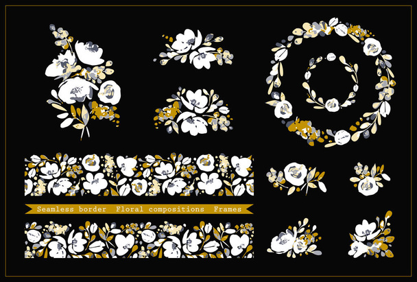 Vector set with floral seamless border, round frames and cute arstract compositions of white flowers, soft beige and golden colors. To use in the design of cards, invitation, textiles, fabrics, printing and so on. - Vector, Image