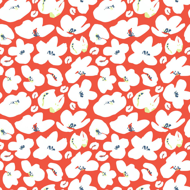 Vektor nahtloses Muster, abstrakte weiße Blüten auf korallenfarbenem Hintergrund. Verwendung in Textilien, Interieur, Packpapier und anderem Design. - Vektor, Bild