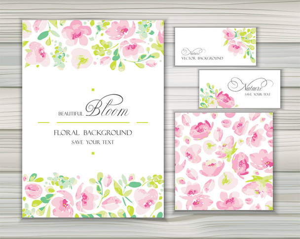 Set von Vektorhintergründen für Grüße oder Einladungen mit schönen abstrakten rosa Blumen, Formen und Flecken. Grußschablonen und nahtlose Muster mit sanftem Blühen. - Vektor, Bild