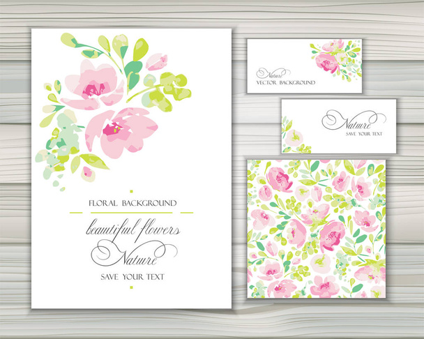Set van vector achtergronden voor groeten of uitnodigingen met mooie abstracte roze bloemen, vormen en vlekken. Groet sjablonen en naadloos patroon met zachte bloei. - Vector, afbeelding