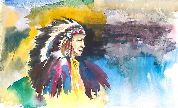 Old indian chief on color abstract background - Photo, Image