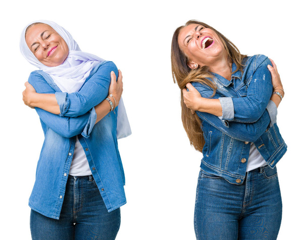 Collage van de Arabische vrouw mooie middelbare leeftijd over geïsoleerde achtergrond knuffelen zich gelukkig en positief, zeker glimlachen. Eigenliefde en zelfzorg - Foto, afbeelding