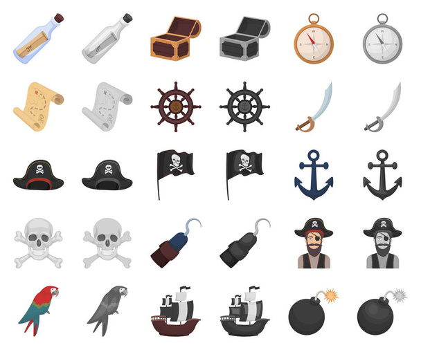 Pirata, Sea Robber Cartoon, icone monocromatiche in collezione set per il design. Tesori, attributi simbolo vettoriale stock web illustrazione
. - Vettoriali, immagini