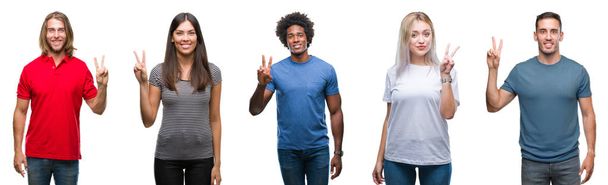 Composition of african american, hispanic and caucasian group of people over isolated white background showing and pointing up with fingers number two while smiling confident and happy. - Photo, Image