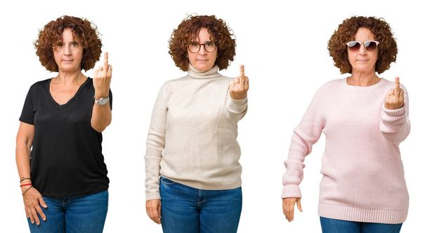Kolaż ze średnim wieku starszy kobieta na na białym tle wyświetlone środkowy palec, niegrzeczny i nieuprzejmy fuck off wyrażenie - Zdjęcie, obraz