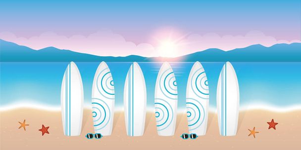 tavole da surf per la lezione di surf sulla bellissima spiaggia all'alba
 - Vettoriali, immagini