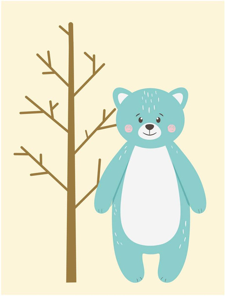 Cute funny bear animal with tree on yellow - Vector, imagen