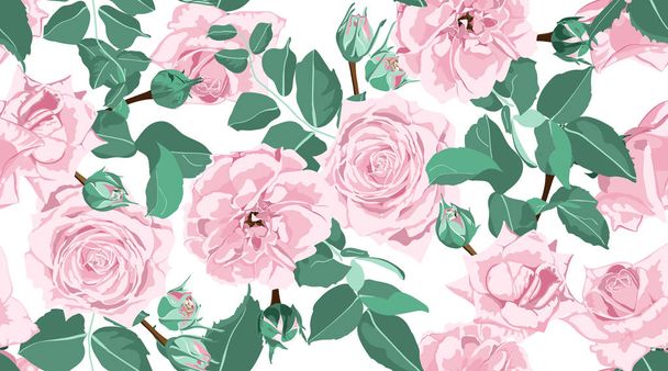 Seamless Floral Rose Pattern with Leaves. - Vector, Image