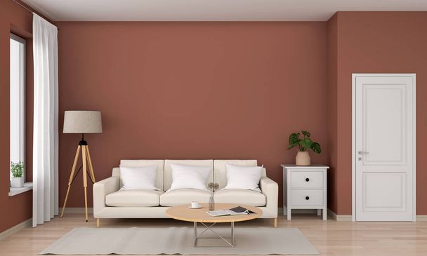Sofa and wood round table in brown living room, 3D rendering - Фото, зображення