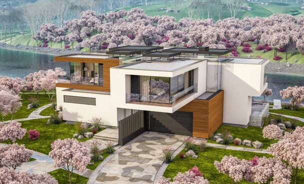 3D-Rendering des modernen Hauses am Fluss im Frühling - Foto, Bild