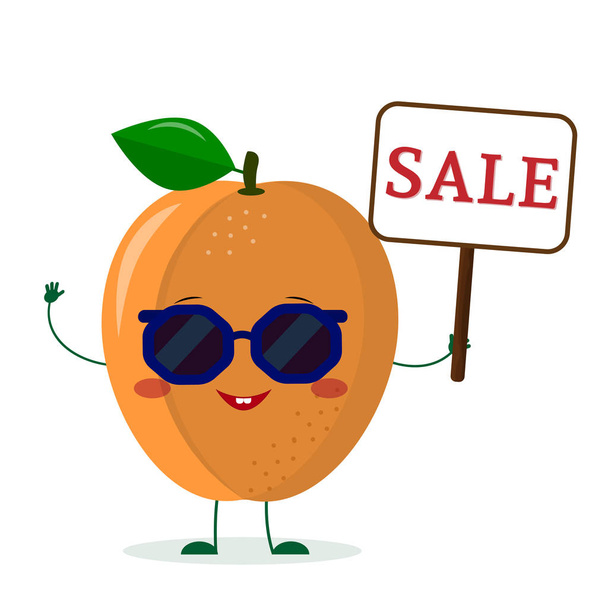 Cute ripe apricot cartoon character in sunglasses holding a sale sign. Logo, template, design. Vector illustration, flat style - Vector, Imagen