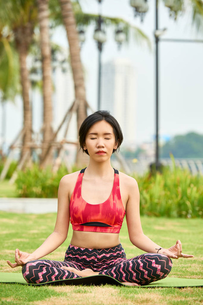 Тонка етнічна жінка в спортивному одязі сидить на килимку і медитує в літньому парку
 - Фото, зображення