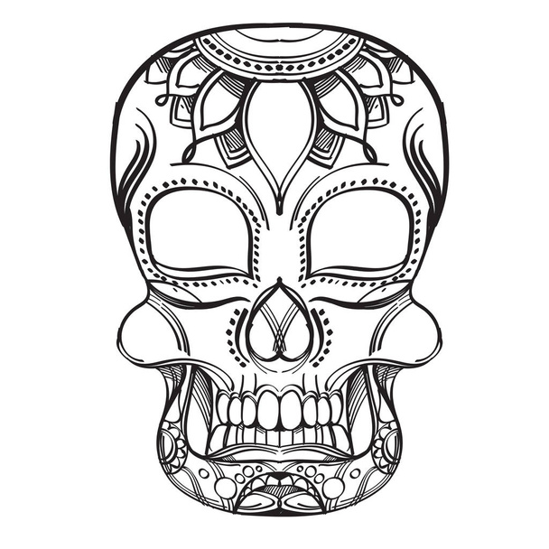 Skull with a pattern contour illustration for coloring. Template - Vetor, Imagem