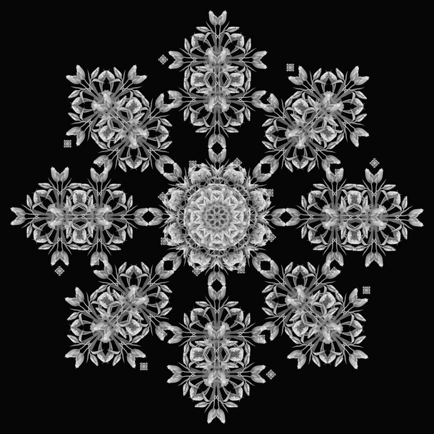 Fine art floral monochrome decorative and symmetrical fractal pattern made from macros of tulips on black background in vintage painting style - Photo, Image