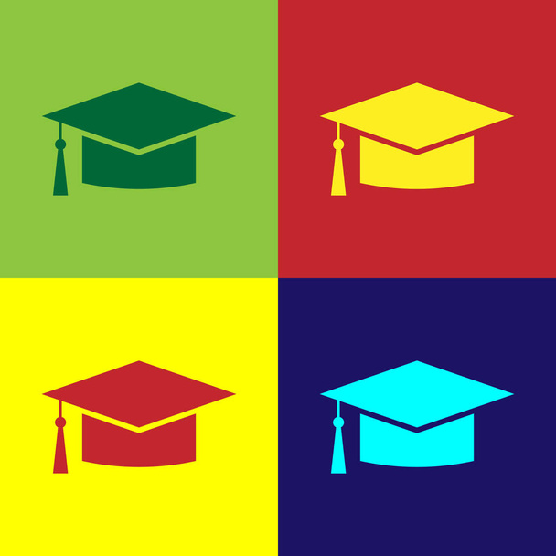 Kleur Graduation cap pictogram geïsoleerd op een gekleurde achtergrond. Afstuderen muts met kwast pictogram. Platte ontwerp. Vectorillustratie  - Vector, afbeelding