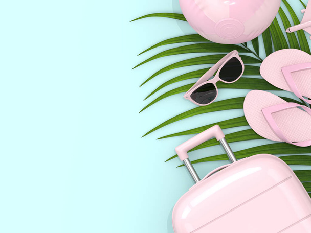 3d render of suitcase with vacation stuff over pastel blue backg - 写真・画像