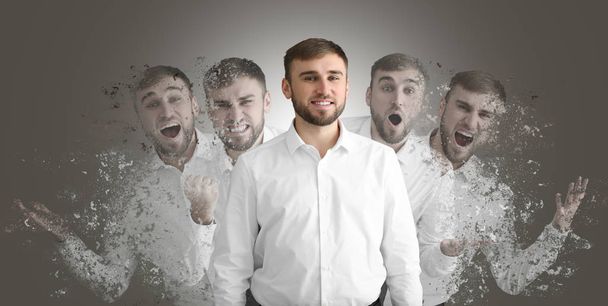 Different emotions of young man on grey background - Photo, Image