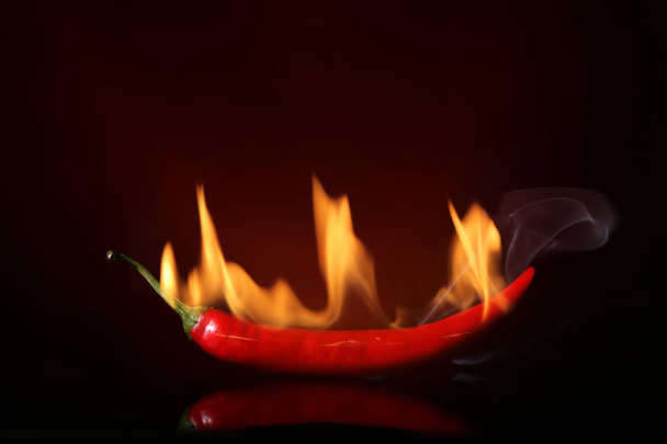 Red hot chili peper met vuur op donkere kleur achtergrond - Foto, afbeelding