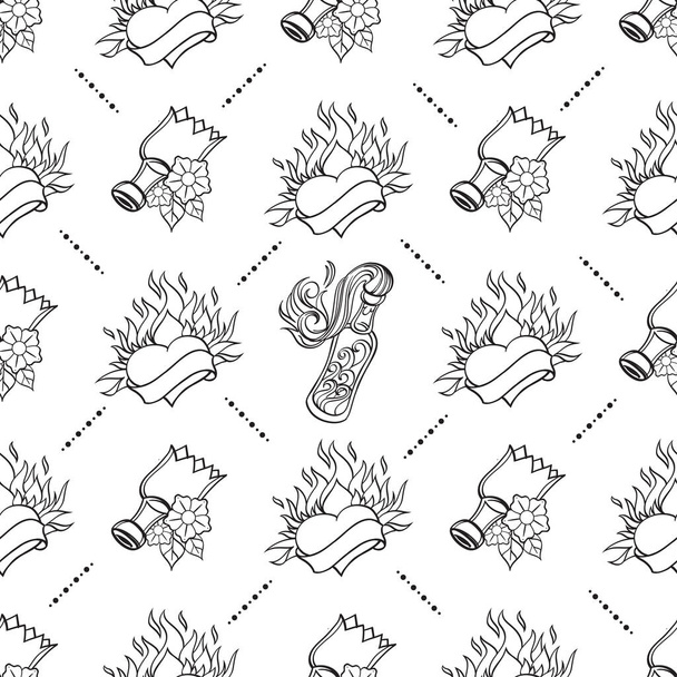 Seamless pattern in the style of old school tattoo with differen - Vector, afbeelding