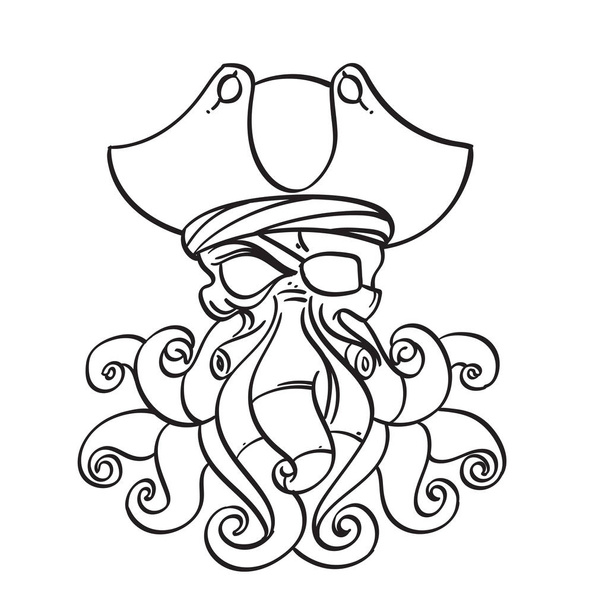 Big Octopus in a pirate cocked hat illustration for coloring. Te - Διάνυσμα, εικόνα