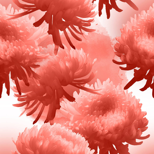 Japanse chrysant kleur levend koraal - foto en aquarel textuur. Meng naadloze terugkeerpatroon. mixed media - Foto, afbeelding