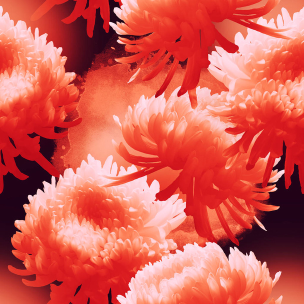 Couleur chrysanthème japonais corail vivant - photo et texture aquarelle. mélanger répéter le motif sans couture. techniques mixtes
 - Photo, image