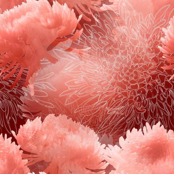 Japán krizantém színes élő korall - fotó- és akvarell textúra. ismételt varrat nélküli mintát keverjük össze. vegyes technika - Fotó, kép