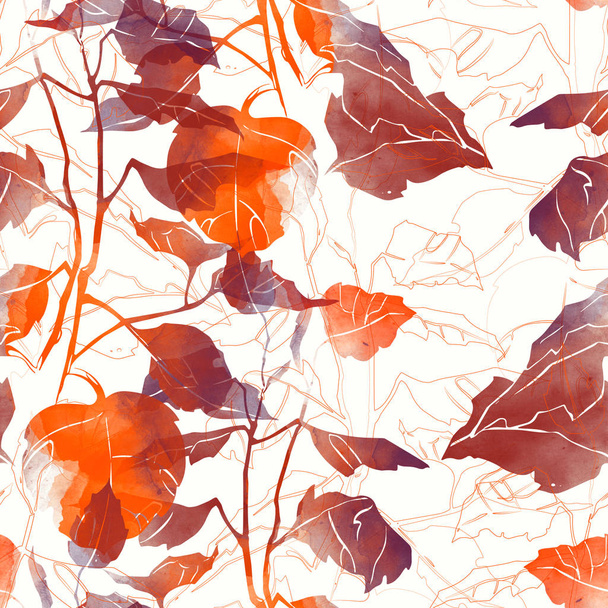 lenyomatok levelek mix ismételt varrat nélküli mintát. digitális kézzel rajzolt kép akvarell textúra. vegyes-media artwork. - Fotó, kép